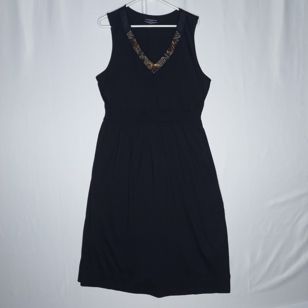 Charter Club Dress Missy XL Black Jersey Empire Sleeveless Beaded V-Neck Smocked
